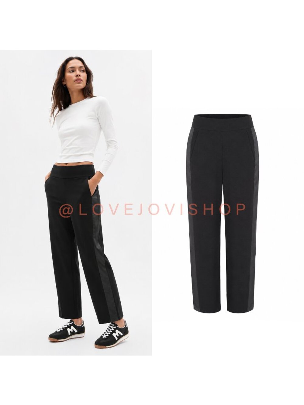 Minimalist | Athleta Black High Rise Pull On Pants Satin Tuxedo Stripe Scuba | 2